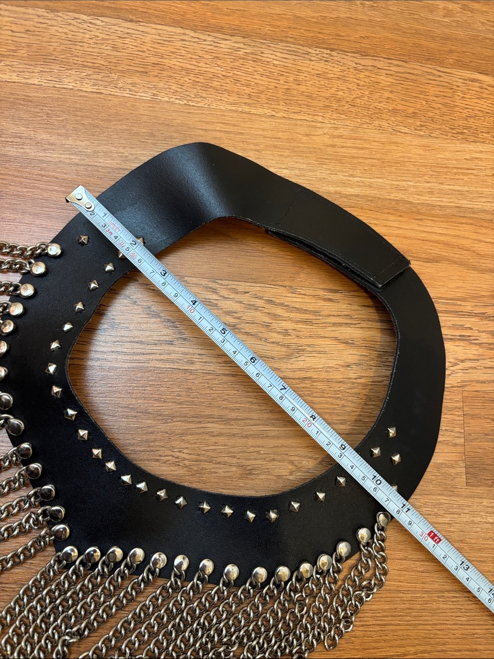 Studded Black Faux Leather Fringe Collar Necklace with Silver Chains - Picture 7 of 10